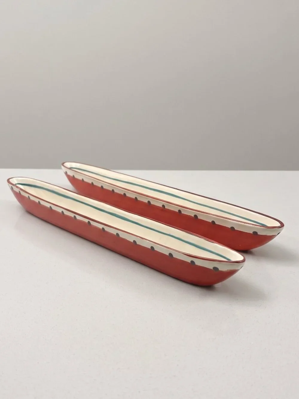 Vintage Mariachi For The Table Ceramic Canoe Bowls Set of 2 Red Polka Dot Dishes